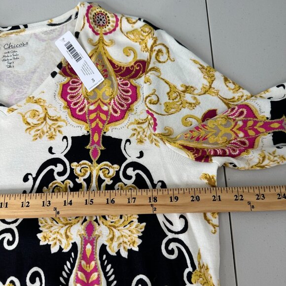 Chicos Scrolled Gold Scarf Tee Size XL 3 V-Neck Long Sleeve - Picture 9 of 12